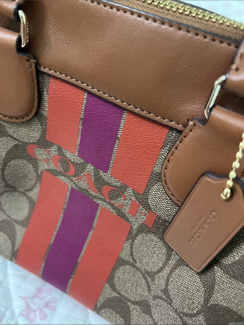 Coach Brown Signature Purse with Red & Pink Center Stripes - Picture 4 of 8